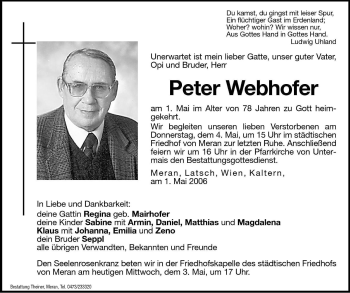 Traueranzeige von Peter Webhofer von Dolomiten