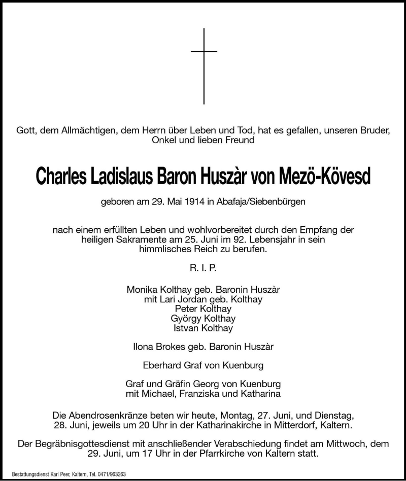  Traueranzeige für Charles Ladislaus Baron Huszàr von Mezö-Kövesd vom 27.06.2005 aus Dolomiten