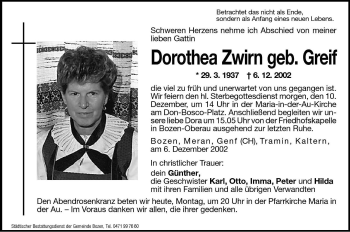 Traueranzeige von Dorothea Zwirn von Dolomiten