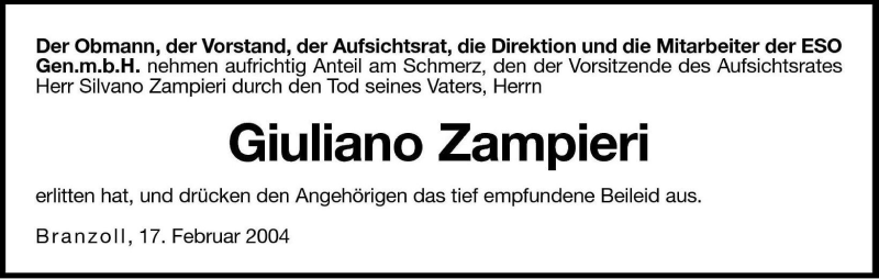  Traueranzeige für Giuliano Zampieri vom 18.02.2004 aus Dolomiten
