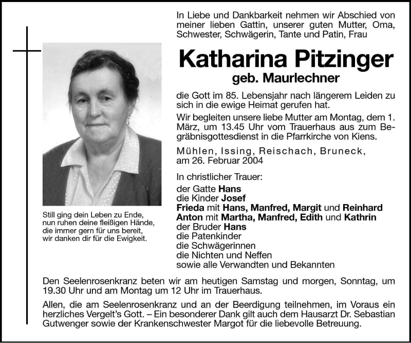  Traueranzeige für Katharina Pitzinger vom 28.02.2004 aus Dolomiten