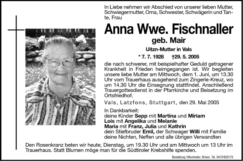  Traueranzeige für Anna Fischnaller vom 31.05.2005 aus Dolomiten