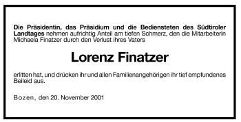 Traueranzeige von Lorenz Finatzer von Dolomiten