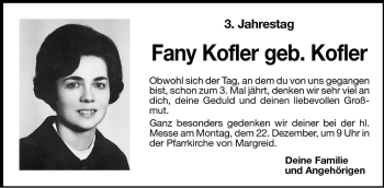 Traueranzeige von Fany Kofler von Dolomiten