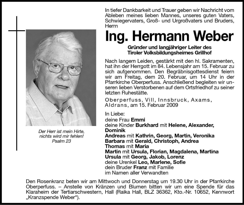  Traueranzeige für Hermann Weber vom 16.02.2009 aus Dolomiten