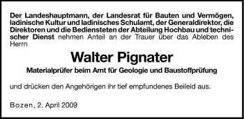 Traueranzeige von Walter Pignater von Dolomiten