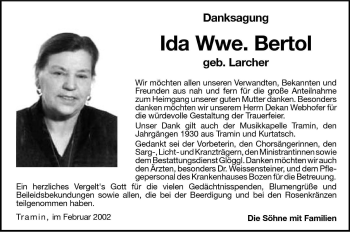 Traueranzeige von Ida Bertol von Dolomiten