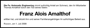 Traueranzeige von Alois Franz Amalthof von Dolomiten