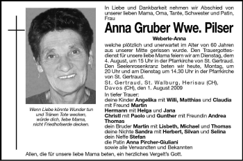 Traueranzeige von Anna Pilser von Dolomiten