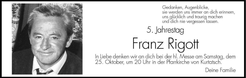  Traueranzeige für Franz Rigott vom 23.10.2003 aus Dolomiten