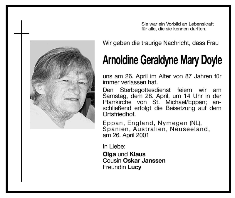  Traueranzeige für Arnoldine Geraldyne Mary Doyle vom 28.04.2001 aus Dolomiten