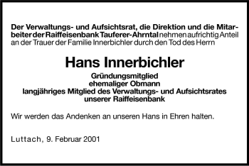 Traueranzeige von Johann Innerbichler von Dolomiten