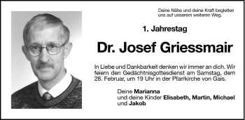 Traueranzeige von Josef Griessmair von Dolomiten