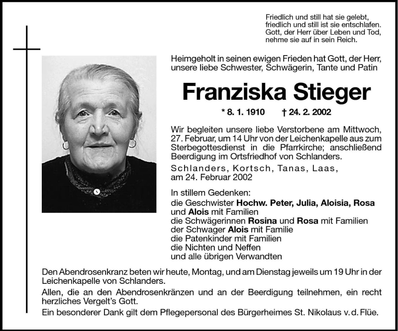 Traueranzeigen von Franziska Stieger | Trauer.bz