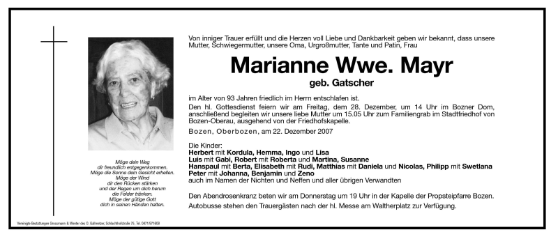  Traueranzeige für Marianne Mayr vom 24.12.2007 aus Dolomiten