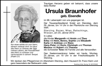 Traueranzeige von Ursula Braunhofer von Dolomiten