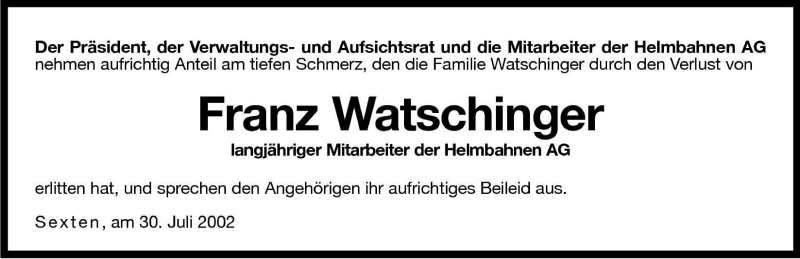  Traueranzeige für Franz Watschinger vom 31.07.2002 aus Dolomiten