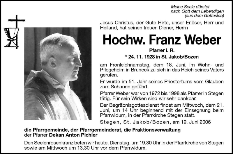  Traueranzeige für Franz Weber vom 20.06.2006 aus Dolomiten