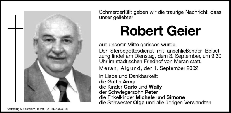  Traueranzeige für Robert Geier vom 02.09.2002 aus Dolomiten