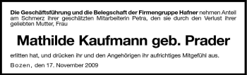 Traueranzeige von Mathilde Kaufmann von Dolomiten