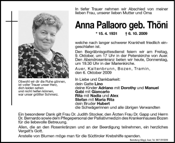 Traueranzeige von Anna Pallaoro von Dolomiten