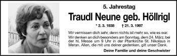 Traueranzeige von Traudl Neune von Dolomiten