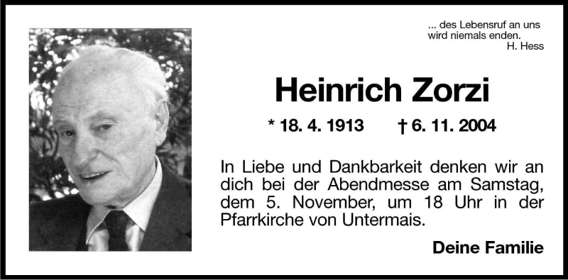  Traueranzeige für Heinrich Zorzi vom 04.11.2005 aus Dolomiten