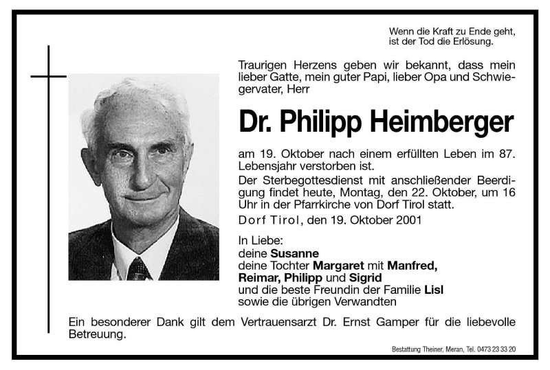  Traueranzeige für Philipp Heimberger vom 22.10.2001 aus Dolomiten