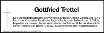 Traueranzeige von Gottfried Trettel von Dolomiten