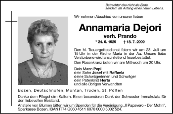 Traueranzeige von Annamaria Prando von Dolomiten