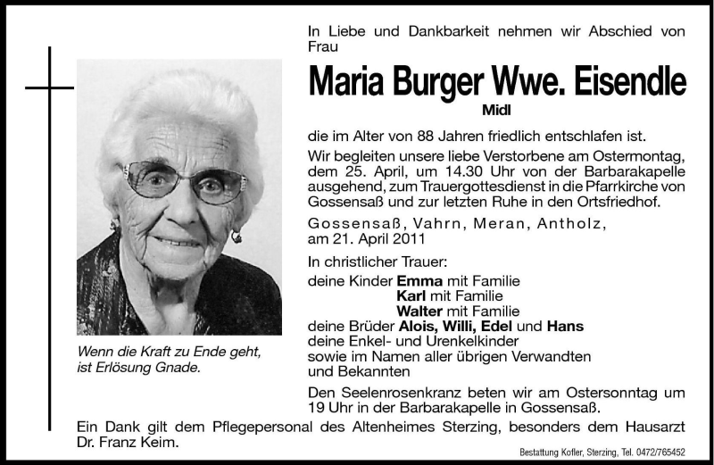  Traueranzeige für Maria Eisendle vom 23.04.2011 aus Dolomiten