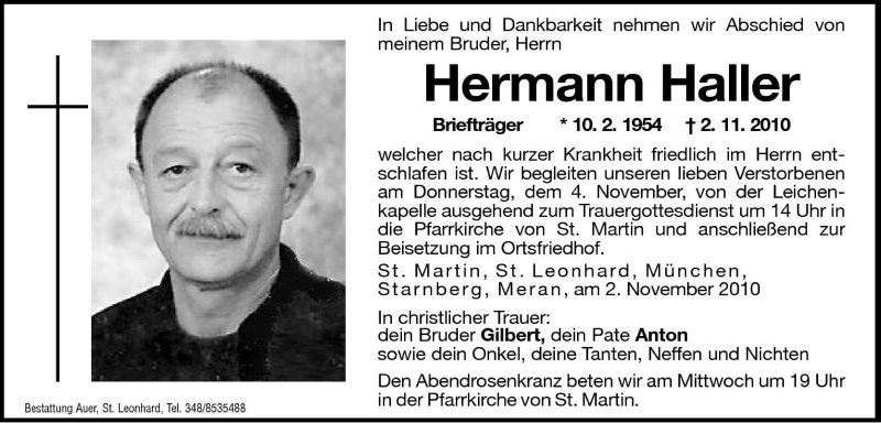  Traueranzeige für Hermann Haller vom 03.11.2010 aus Dolomiten