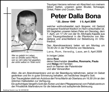 Traueranzeige von Peter Dalla Bona von Dolomiten