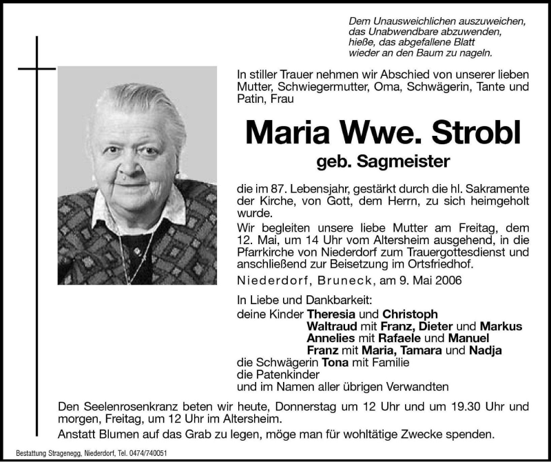  Traueranzeige für Maria Strobl vom 11.05.2006 aus Dolomiten