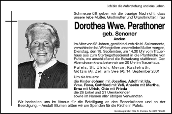 Traueranzeige von Dorothea Perathoner von Dolomiten