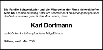 Traueranzeige von Karl Dorfmann von Dolomiten