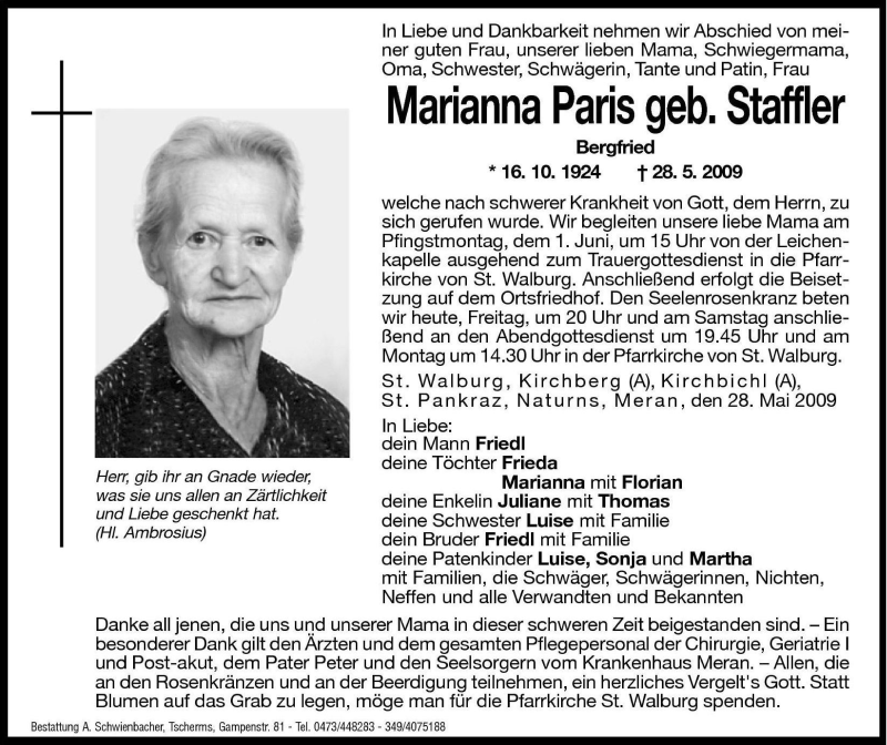  Traueranzeige für Marianna Paris vom 29.05.2009 aus Dolomiten