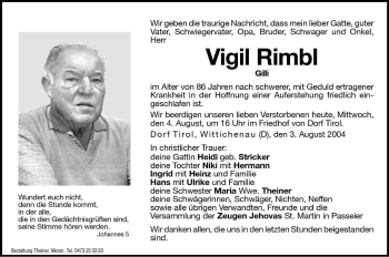 Traueranzeige von Vigil Rimbl von Dolomiten