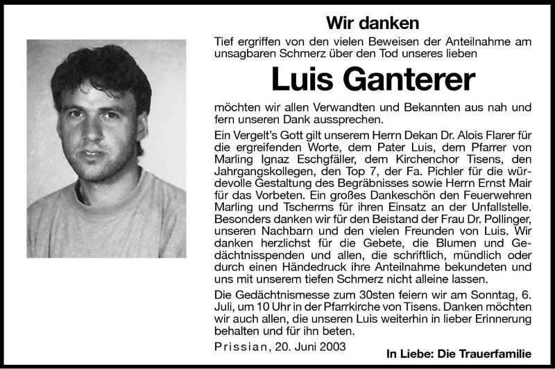  Traueranzeige für Luis Ganterer vom 28.06.2003 aus Dolomiten