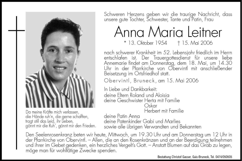  Traueranzeige für Anna Maria Leitner vom 17.05.2006 aus Dolomiten