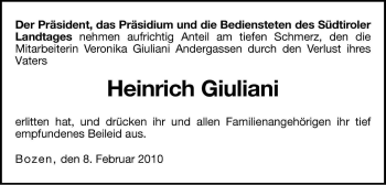Traueranzeige von Heinrich Giuliani von Dolomiten
