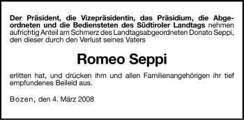 Traueranzeige von Romeo Seppi von Dolomiten