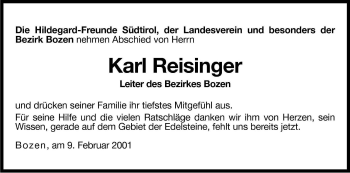 Traueranzeige von Karl Reisinger von Dolomiten