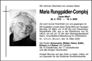 Traueranzeige von Maria Runggaldier-Comploj von Dolomiten