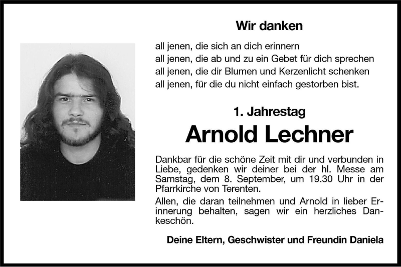  Traueranzeige für Arnold Lechner vom 07.09.2001 aus Dolomiten