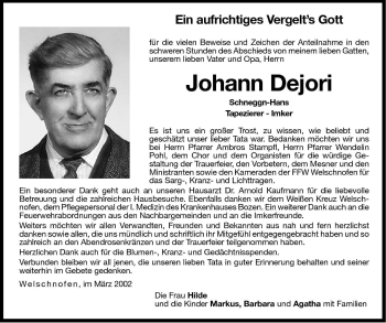 Traueranzeige von Johann Dejori von Dolomiten