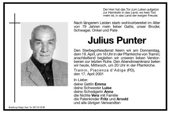 Traueranzeige von Julius Punter von Dolomiten