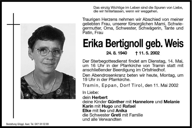  Traueranzeige für Erika Bertignoll vom 13.05.2002 aus Dolomiten