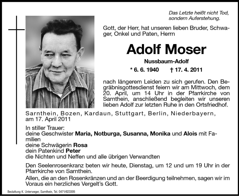  Traueranzeige für Adolf Moser vom 19.04.2011 aus Dolomiten