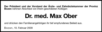 Traueranzeige von Max Ober von Dolomiten